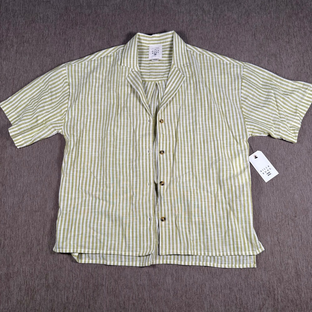 Billabong Beach Side Cotton Striped Button Down Shirt Olive Green Small NWT